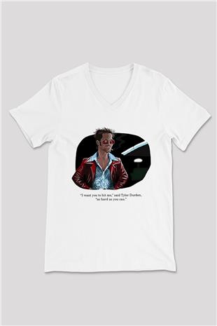 Fight Club (Tyler Durden) Baskılı Beyaz Unisex V Yaka Tişört - Tshirt