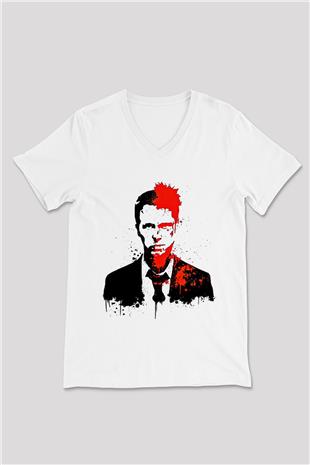 Fight Club (Tyler Durden) Baskılı Beyaz Unisex V Yaka Tişört - Tshirt