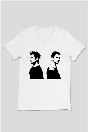 Fight Club (Tyler Durden) Baskılı Beyaz Unisex V Yaka Tişört - Tshirt