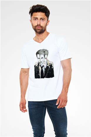 Fight Club (Tyler Durden) Baskılı Beyaz Unisex V Yaka Tişört - Tshirt