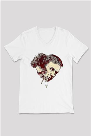 Fight Club (Tyler Durden) Baskılı Beyaz Unisex V Yaka Tişört - Tshirt