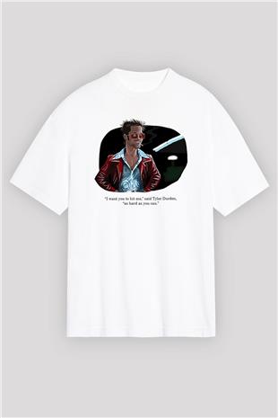 Fight Club (Tyler Durden) Baskılı Beyaz Unisex Oversize Tişört - Tshirt