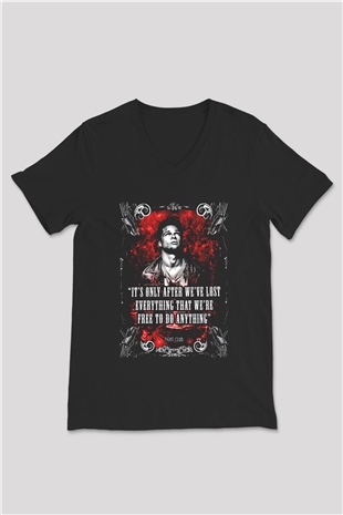 Fight Club (Tyler Durden) Baskılı Unisex Siyah V Yaka Tişört - Tshirt
