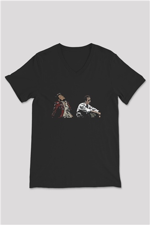 Fight Club (Tyler Durden) Baskılı Unisex Siyah V Yaka Tişört - Tshirt