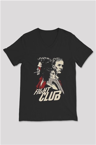 Fight Club (Tyler Durden) Baskılı Unisex Siyah V Yaka Tişört - Tshirt