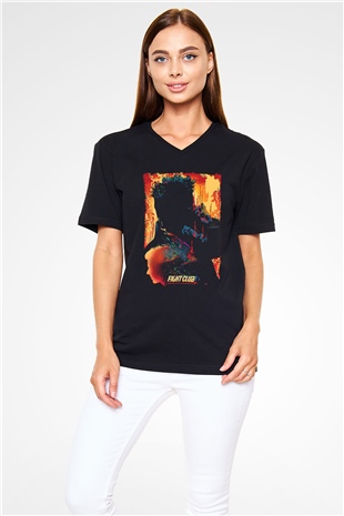 Fight Club (Tyler Durden) Baskılı Unisex Siyah V Yaka Tişört - Tshirt