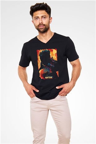 Fight Club (Tyler Durden) Baskılı Unisex Siyah V Yaka Tişört - Tshirt