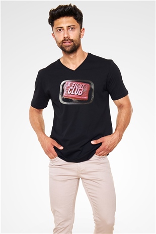 Fight Club (Tyler Durden) Baskılı Unisex Siyah V Yaka Tişört - Tshirt