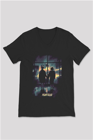 Fight Club (Tyler Durden) Baskılı Unisex Siyah V Yaka Tişört - Tshirt