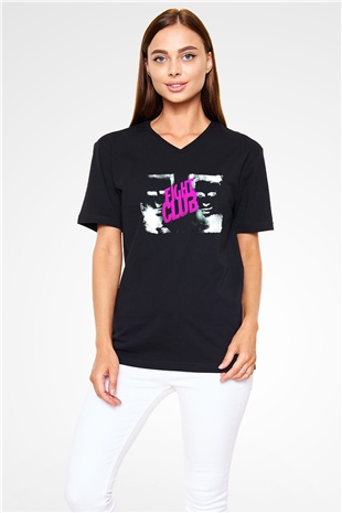 Fight Club (Tyler Durden) Baskılı Unisex Siyah V Yaka Tişört - Tshirt