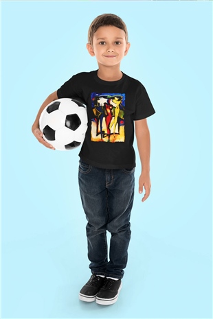 Figür Baskılı Siyah Unisex Çocuk Tişört