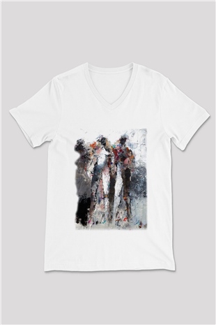 Figür Beyaz Unisex V Yaka Tişört T-Shirt