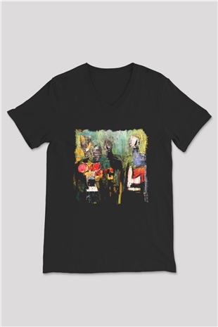 Figür Siyah Unisex V Yaka Tişört T-Shirt