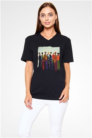 Figür Siyah Unisex V Yaka Tişört T-Shirt