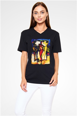 Figür Siyah Unisex V Yaka Tişört T-Shirt