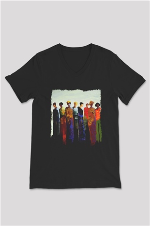 Figür Siyah Unisex V Yaka Tişört T-Shirt