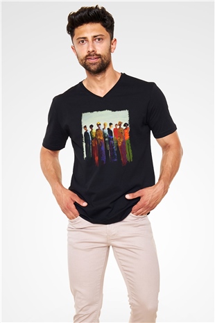 Figür Siyah Unisex V Yaka Tişört T-Shirt