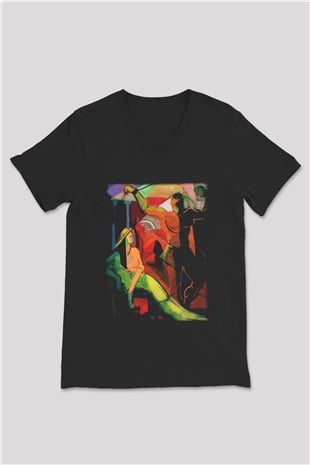 Figür Siyah Unisex V Yaka Tişört T-Shirt