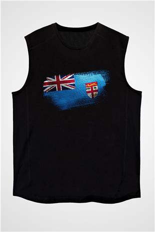 Fiji Bayrağı Baskılı Unisex Siyah Kolsuz Tişört