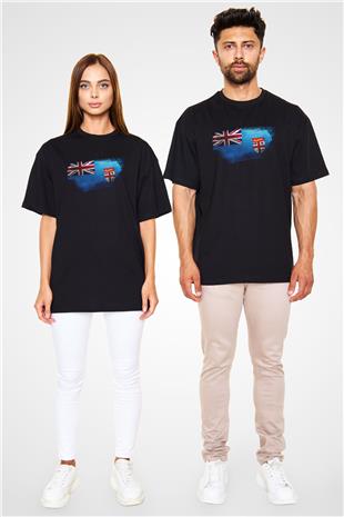 Fiji Bayrağı Baskılı Unisex Siyah Oversize Tişört