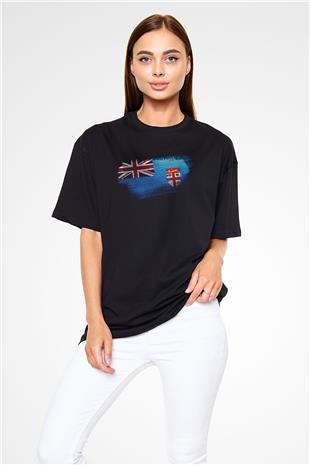Fiji Bayrağı Baskılı Unisex Siyah Oversize Tişört