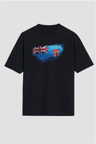 Fiji Bayrağı Baskılı Unisex Siyah Oversize Tişört