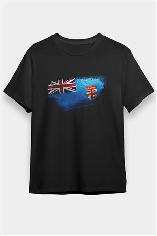 Fiji Bayrağı Baskılı Unisex Siyah Tişört