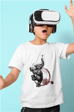 Fil Baskılı Beyaz Unisex Çocuk Tişört