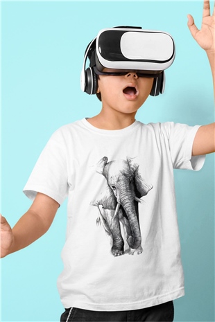 Fil Baskılı Beyaz Unisex Çocuk Tişört