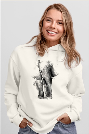 Fil Beyaz Unisex Kapşonlu Sweatshirt