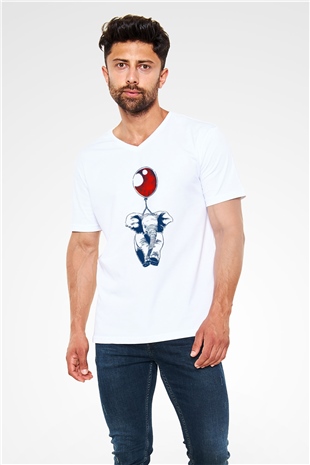 Fil Beyaz Unisex V Yaka Tişört