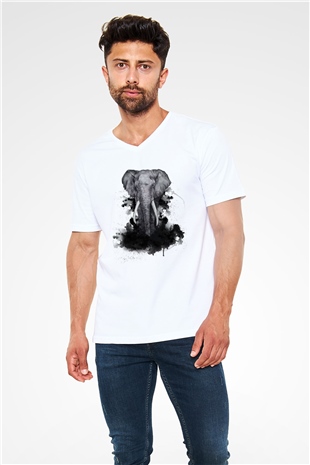 Fil Beyaz Unisex V Yaka Tişört
