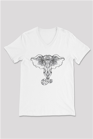 Fil Beyaz Unisex V Yaka Tişört T-Shirt