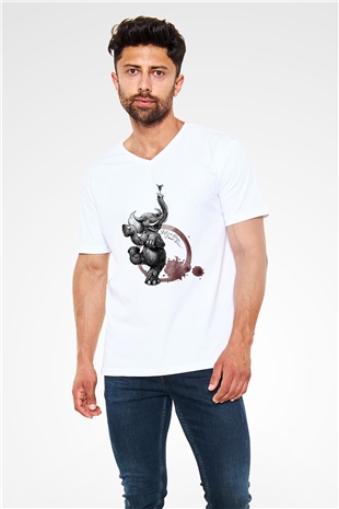 Fil Beyaz Unisex V Yaka Tişört T-Shirt
