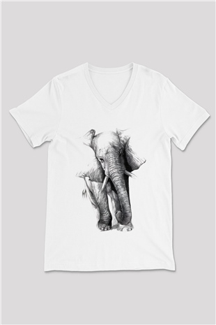 Fil Beyaz Unisex V Yaka Tişört T-Shirt