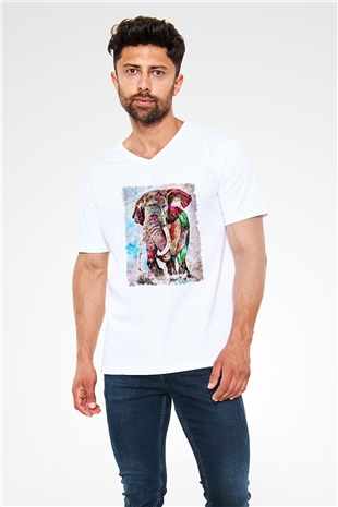 Fil Beyaz Unisex V Yaka Tişört T-Shirt
