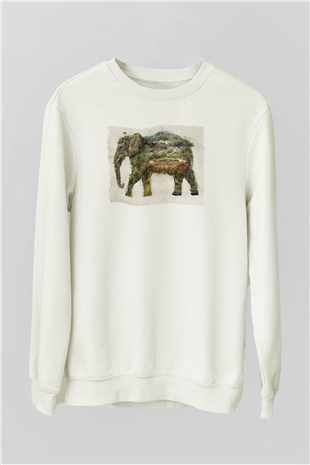 Fil Ormanı Baskılı Unisex Beyaz  Sweatshirt