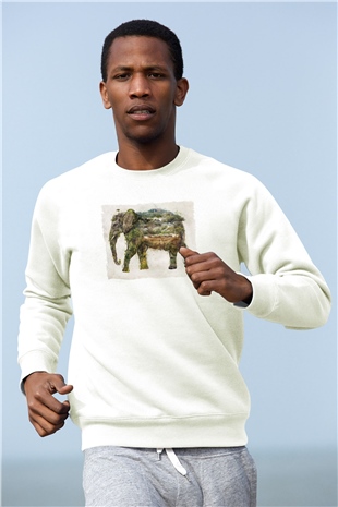 Fil Ormanı Baskılı Unisex Beyaz  Sweatshirt
