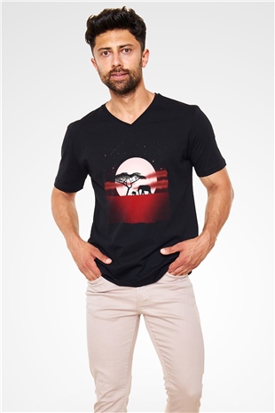 Fil Siyah Unisex V Yaka Tişört