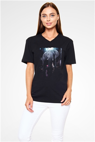 Fil Siyah Unisex V Yaka Tişört