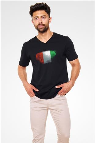 Fildişi Sahili - İvory Coast Bayrağı Baskılı Unisex Siyah V Yaka Tişört