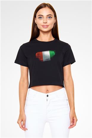 Fildişi Sahili - İvory Coast Bayrağı Baskılı Kadın Crop Top Siyah Tişört