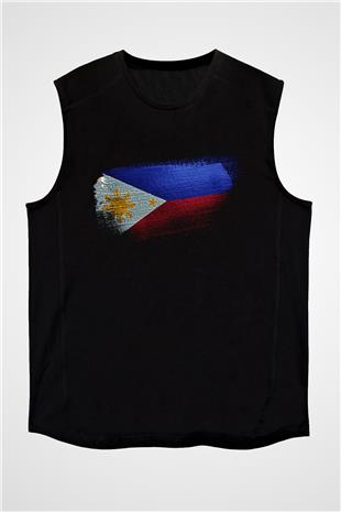 Filipinler - Philippines Bayrağı Baskılı Unisex Siyah Kolsuz Tişört