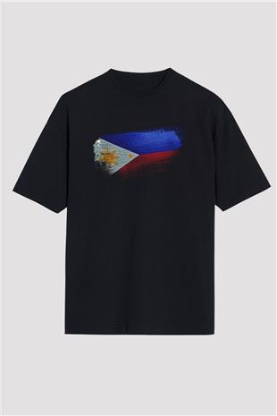 Filipinler - Philippines Bayrağı Baskılı Unisex Siyah Oversize Tişört