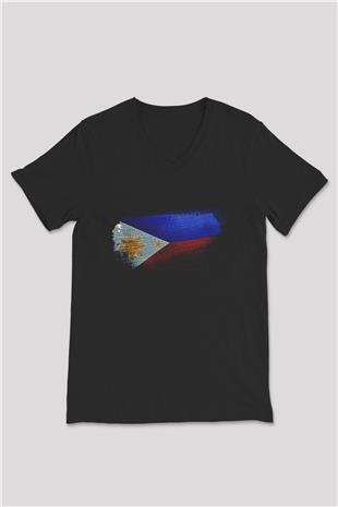 Filipinler - Philippines Bayrağı Baskılı Unisex Siyah V Yaka Tişört