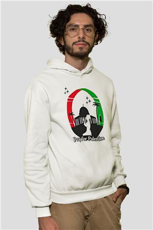 Filistin Baskılı Beyaz Unisex Kapüşonlu Sweatshirt