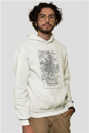 Filistin Baskılı Beyaz Unisex Kapüşonlu Sweatshirt
