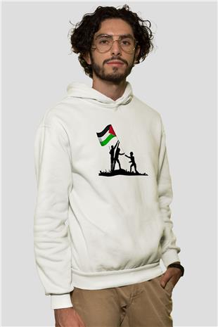 Filistin Baskılı Beyaz Unisex Kapüşonlu Sweatshirt