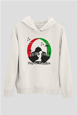 Filistin Baskılı Beyaz Unisex Kapüşonlu Sweatshirt