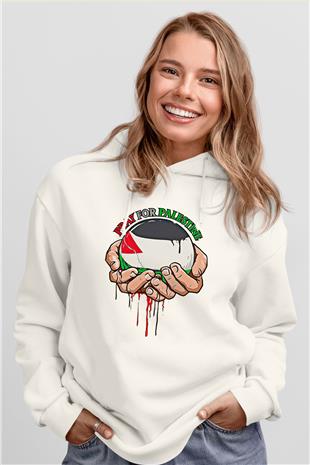 Filistin Baskılı Beyaz Unisex Kapüşonlu Sweatshirt